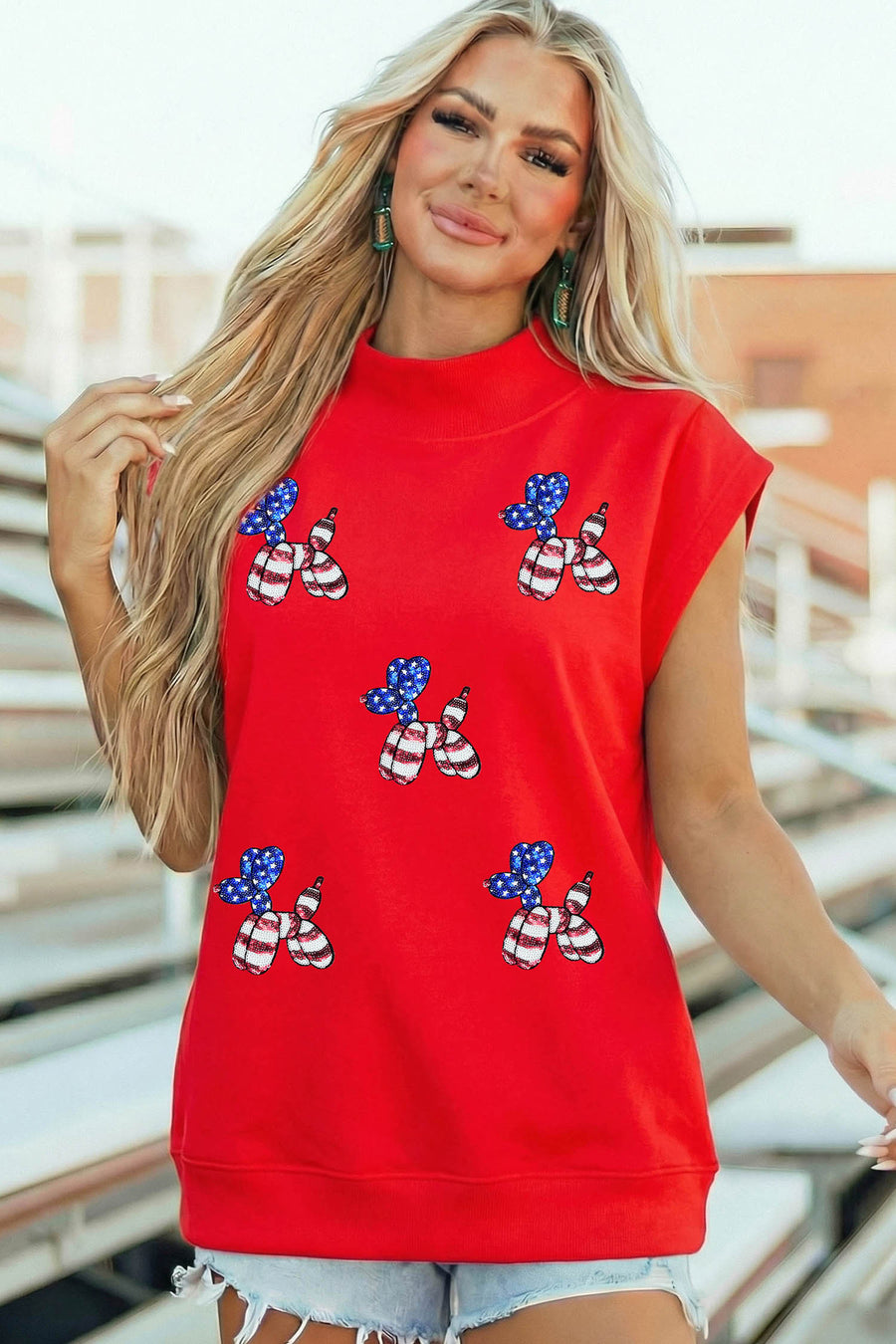 Red Sequin American Flag Balloon Dog Patches Mock Neck Short Sleeve T-Shirt