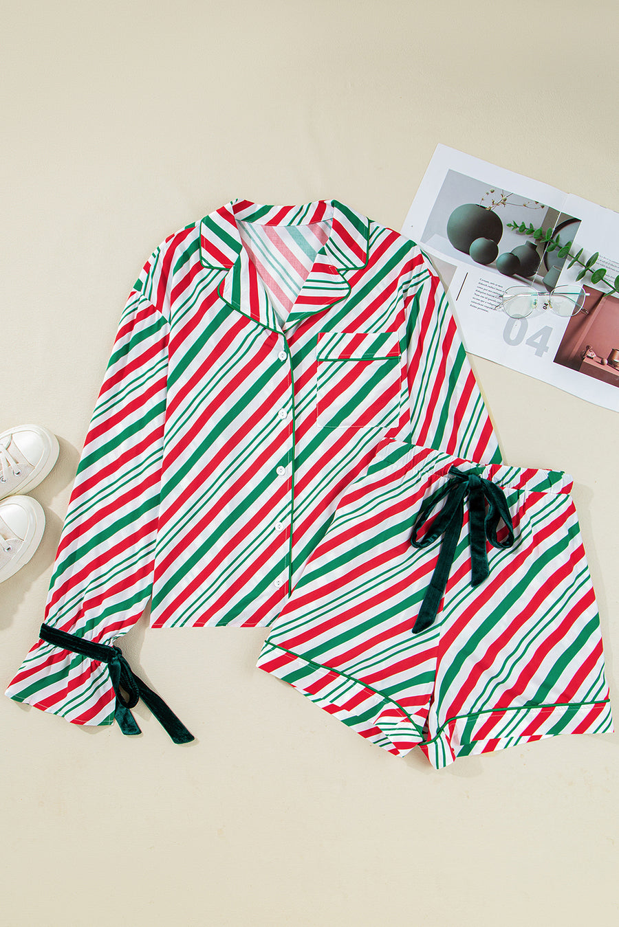 Green Striped Velvet Ribbon Trim Pajama Set