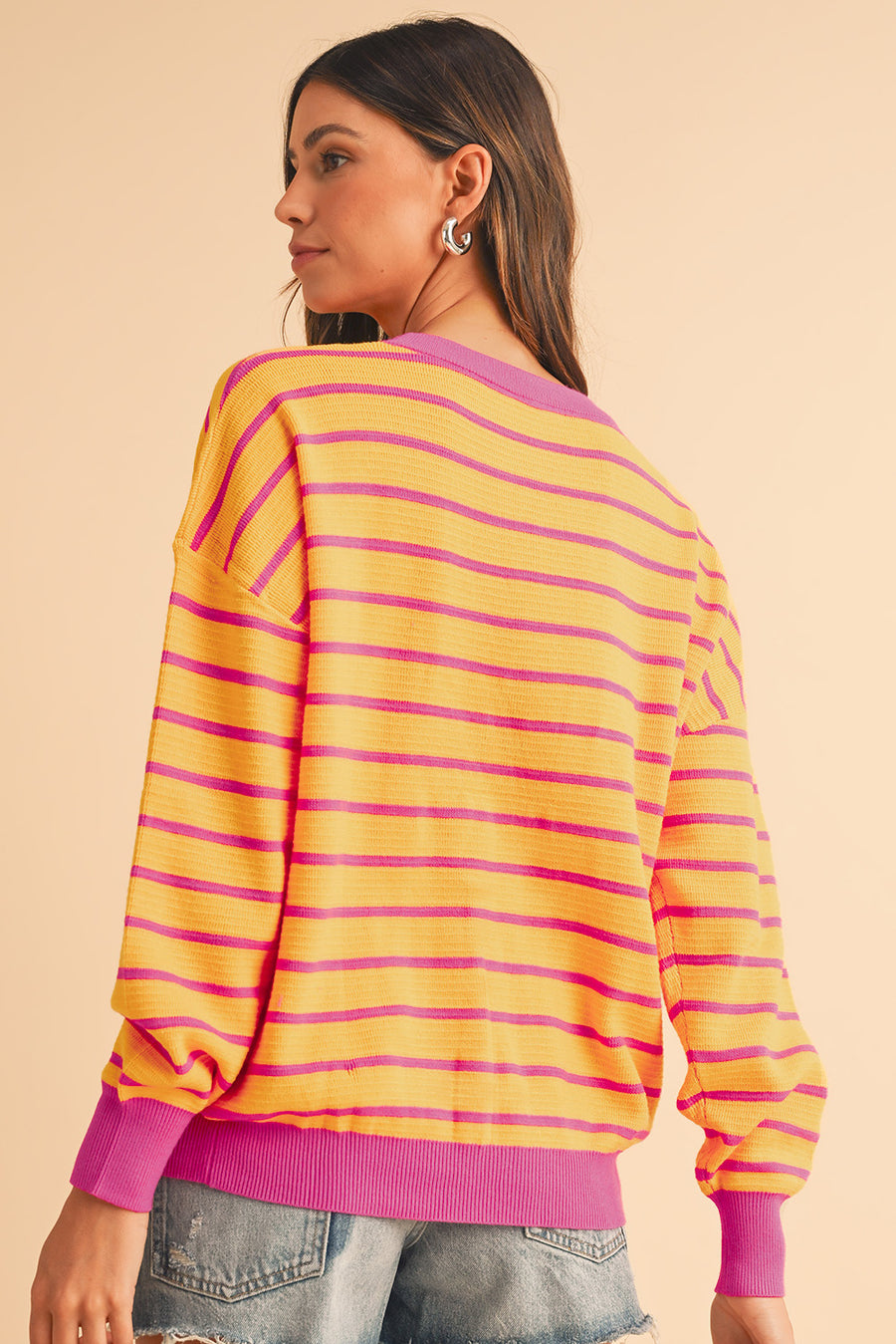 Striped Crew Neck Drop Shoulder Loose Sweater- 3 Colors