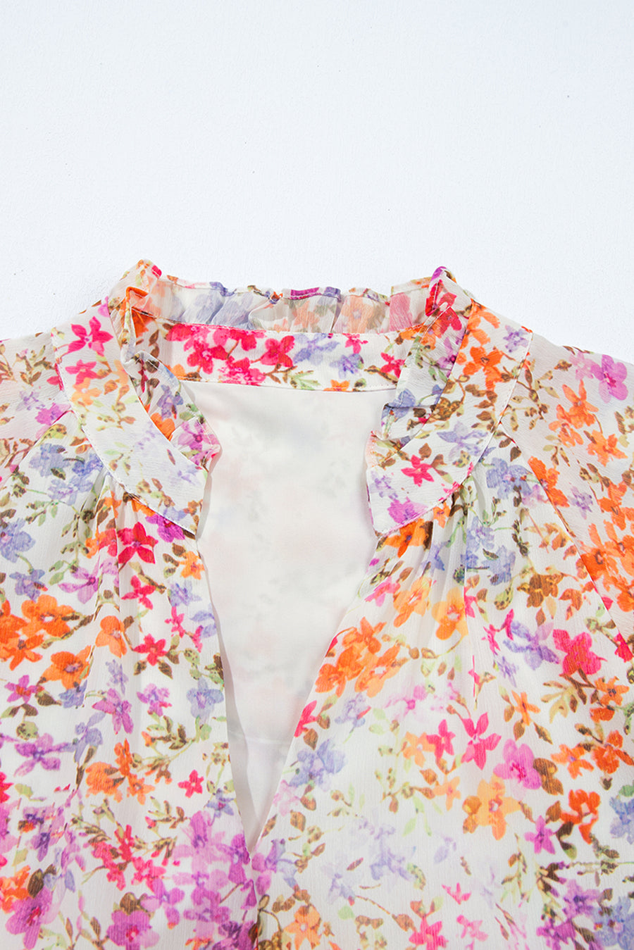 Multicolored Floral Print Notched V-Neck Puff Sleeve Tiered Mini Dress