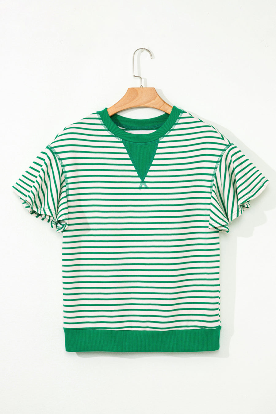 Striped Ruffle Sleeve Crew Neck T-Shirt- 3 Colors