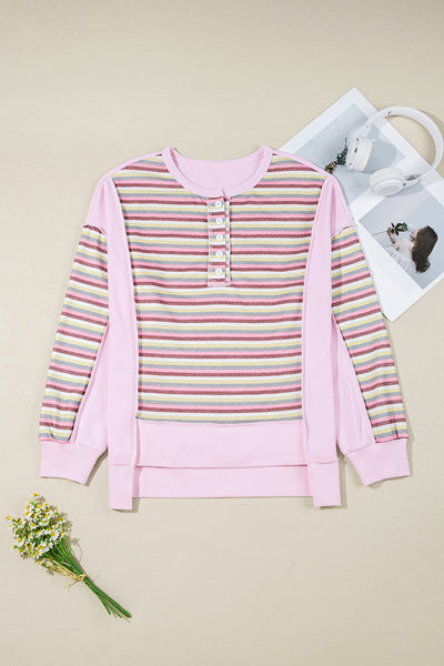 Pink Striped Patchwork Henley Sweatshirt