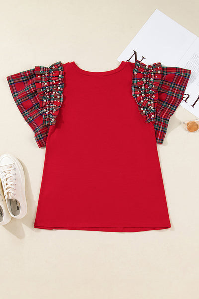 Plus Size Racing Red Plaid Pearl Ruffled Sleeve Knit Holiday Top