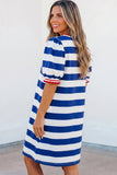Striped Contrast Trim Crew Neck Short Puff Sleeve Shift Mini Dress- 2 Colors