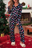 Navy Blue Colorful Christmas Lights Print Long Sleeve Pajama Set