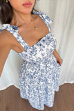 Sky Blue Floral Print Knot Straps High Waist Flared Maxi Dress