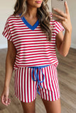 Striped Contrast Trim V-Neck T-Shirt and Drawstring Elastic Waist Shorts Set- 4 Colors