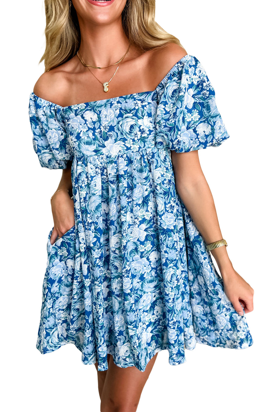 Blue Multi Floral Puff Sleeve Babydoll Mini Dress with Pockets