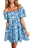 Blue Multi Floral Puff Sleeve Babydoll Mini Dress with Pockets
