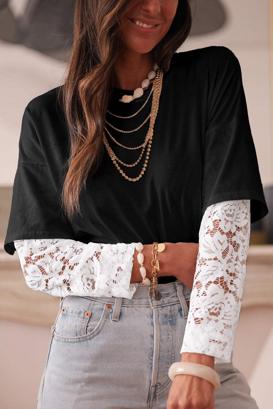 Lace Long Sleeve Drop Shoulder T-Shirt- 2 Colors