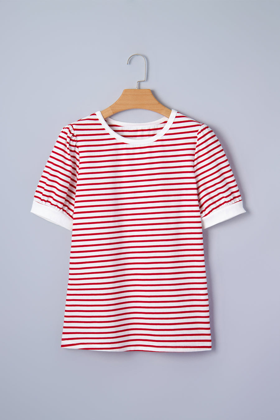 Red Striped Contrast Trim Crew Neck Short Puff Sleeve T-Shirt