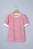Red Striped Contrast Trim Crew Neck Short Puff Sleeve T-Shirt