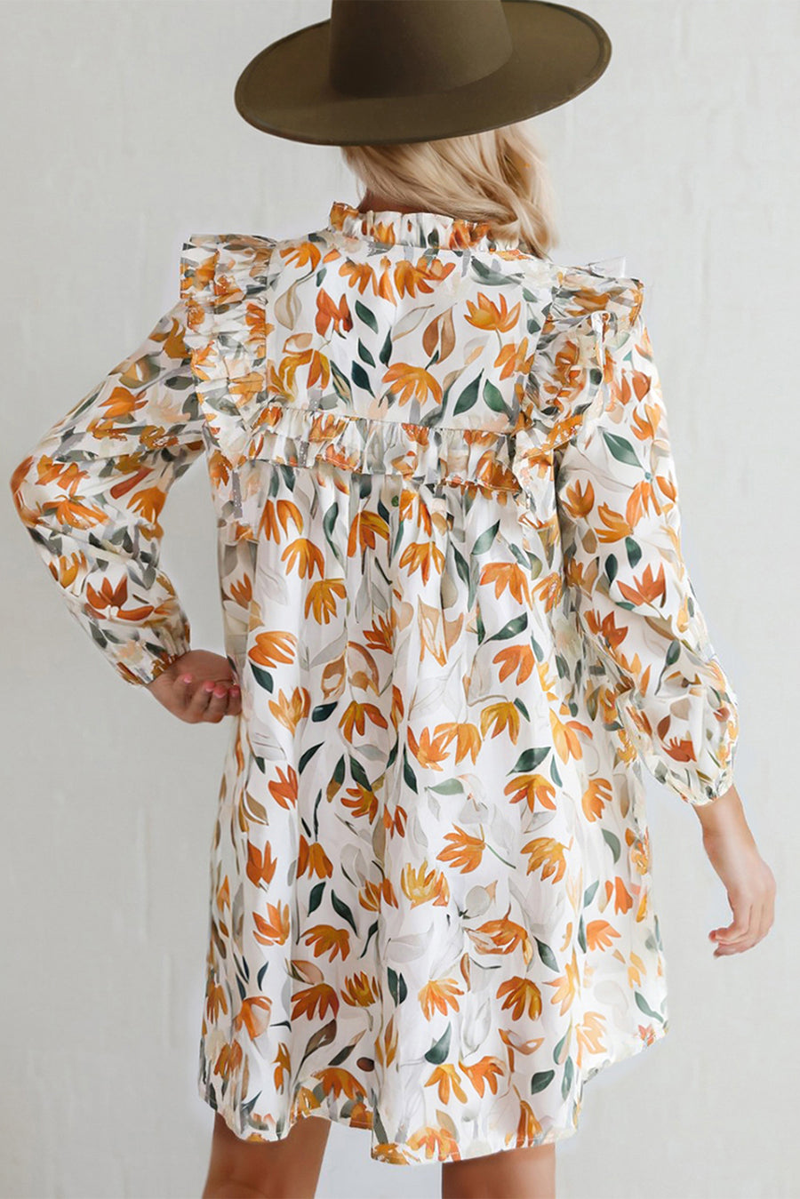 Yellow and Orange Floral Print Tie Neck Frill Detail Long Sleeve Mini Dress