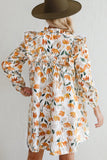 Yellow and Orange Floral Print Tie Neck Frill Detail Long Sleeve Mini Dress