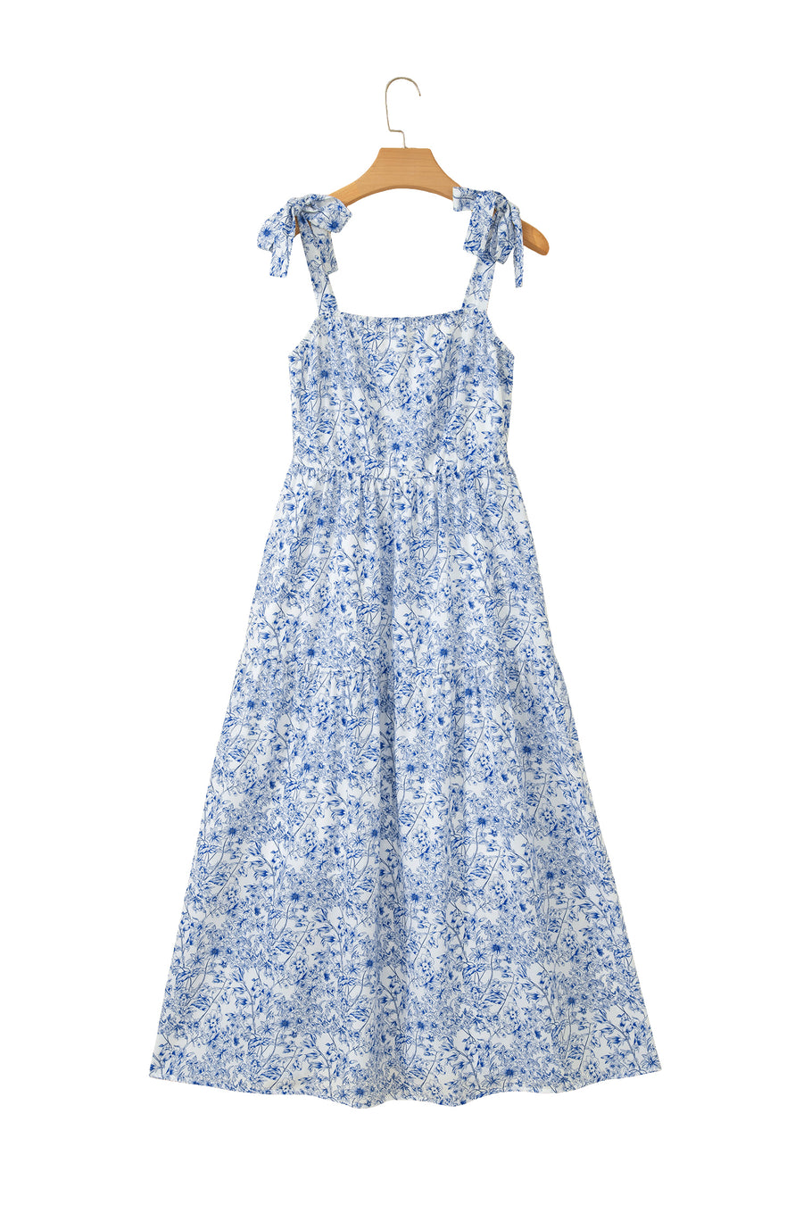 Sky Blue Floral Print Knot Straps High Waist Flared Maxi Dress