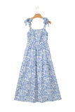 Sky Blue Floral Print Knot Straps High Waist Flared Maxi Dress