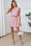 Pink Boho Floral Print Cropped Top Mini Skirt Set