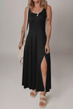 Black Sleeveless Scoop Neck Flared Front Slit Midi Dress