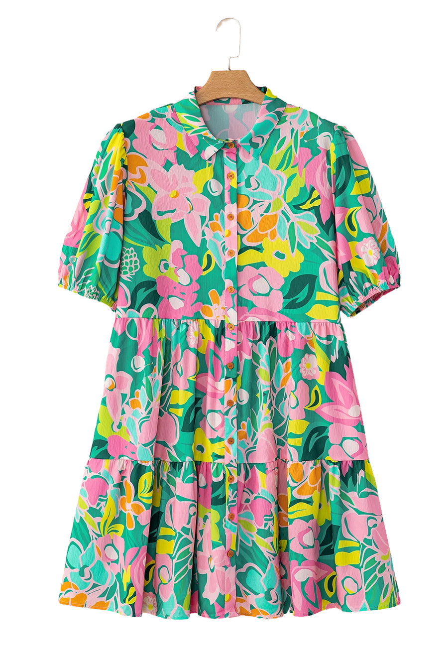 Floral Puff Sleeve Collared Button-Up Babydoll Mini Dress- 2 Colors