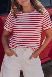 Striped Scalloped Trim Crew Neck Short Sleeve T-Shirt- 5 Colors