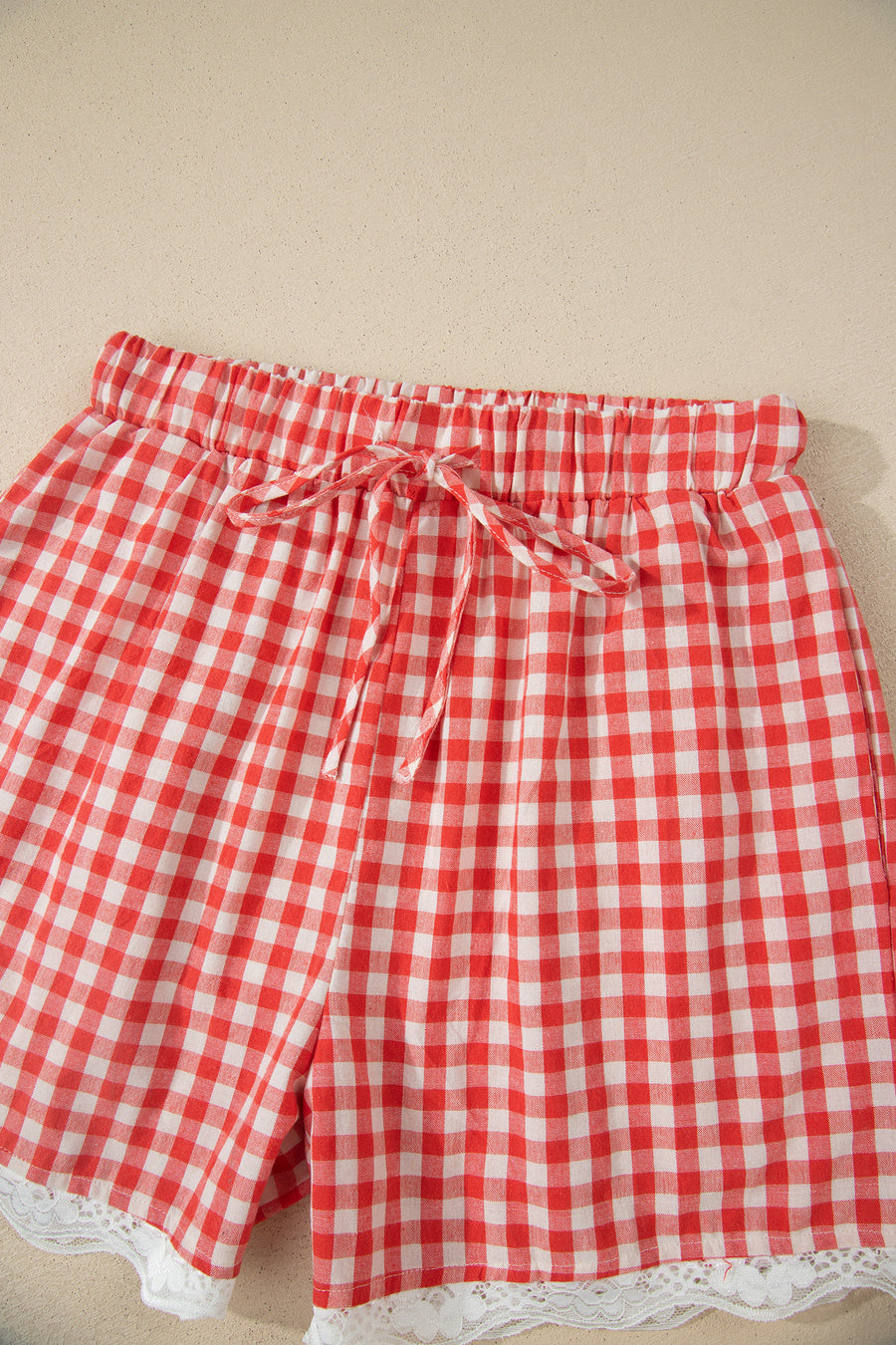 Red Gingham Lace Trim Elastic Waist Shorts
