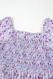 Purple Floral Short Bubble Sleeve Smocked High Waist Maxi Dress