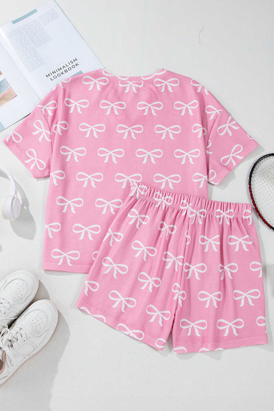 Pink Waffle Knit Bow Print Notched T-Shirt And Shorts Set