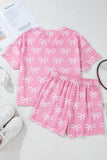 Pink Waffle Knit Bow Print Notched T-Shirt And Shorts Set