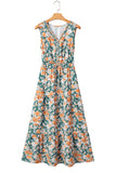 Green and Orange Floral Print V-Neck Sleeveless Midi Dress