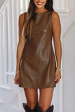 Faux Leather Sleeveless Crew Neck Mini Dress- 3 Colors