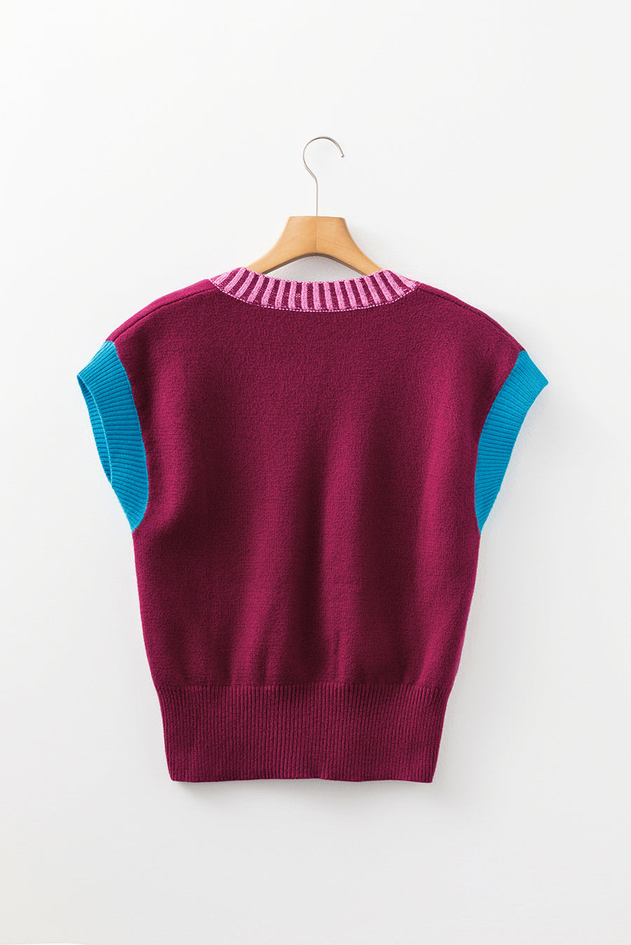 Burgundy Contrast Trim V-Neck Short Sleeve Loose Sweater