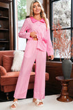 Pink Striped Bow Decor Peter Pan Collar Button-Up Top and Pants Pajama Set
