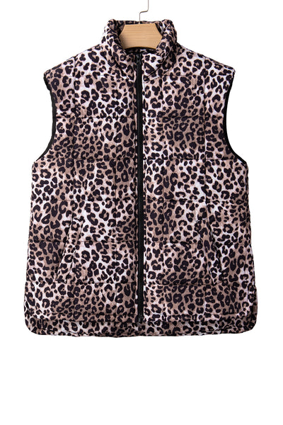 Brown Leopard Quilted Full Zipper Casual Puff Vest