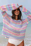 Openwork Side Slit Crew Neck Striped Cover-Up B- 2 Colors