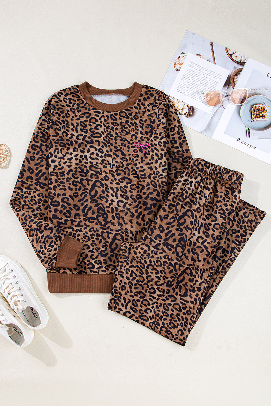Leopard Print & Embroidered Bow Long Sleeve Top and Pants Set