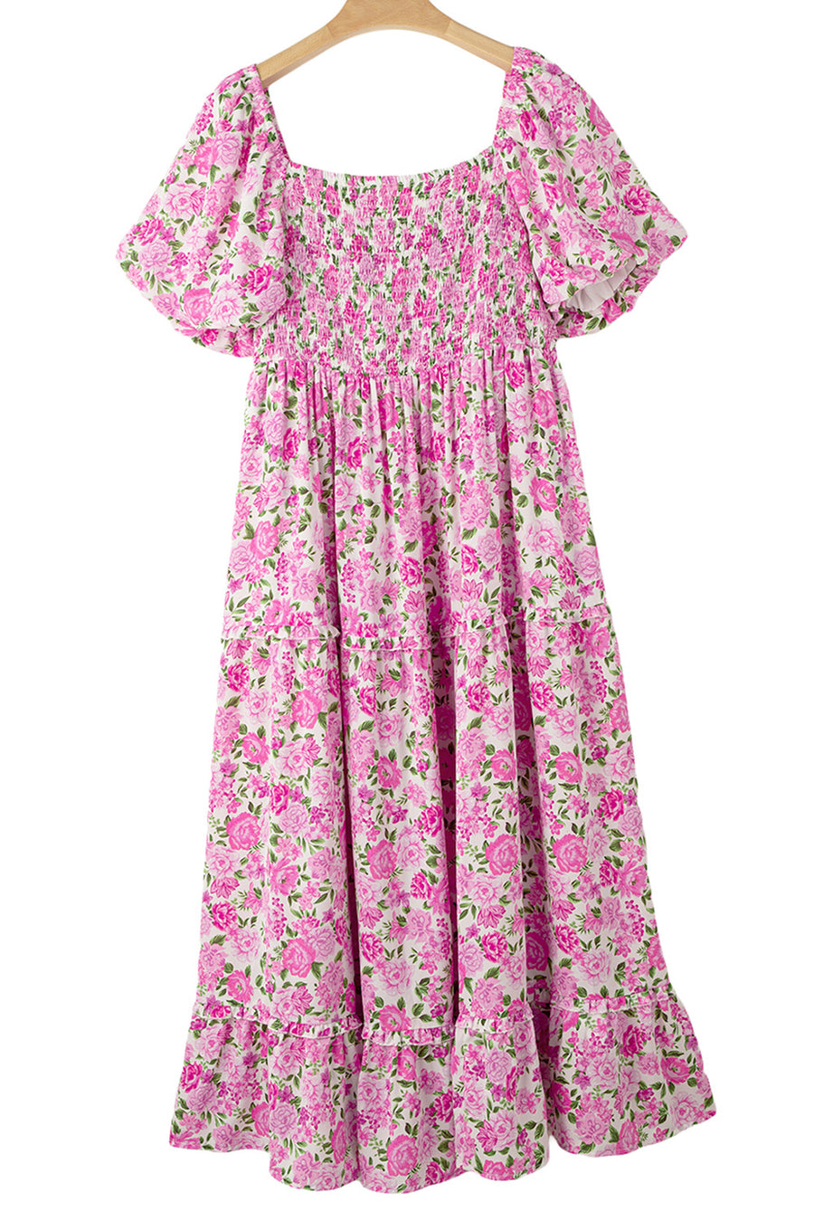 Plus Size Pink Floral Smocked Puff Sleeve Maxi Dress
