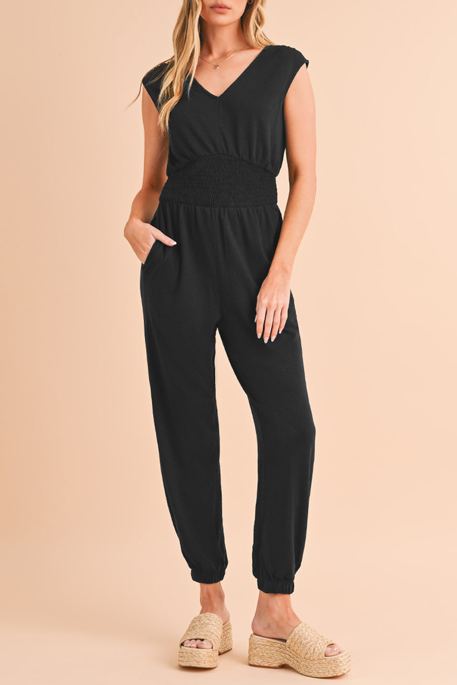 Black Shirred High-Waist V-Neck Sleeveless Jumpsuit