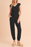 Black Shirred High-Waist V-Neck Sleeveless Jumpsuit