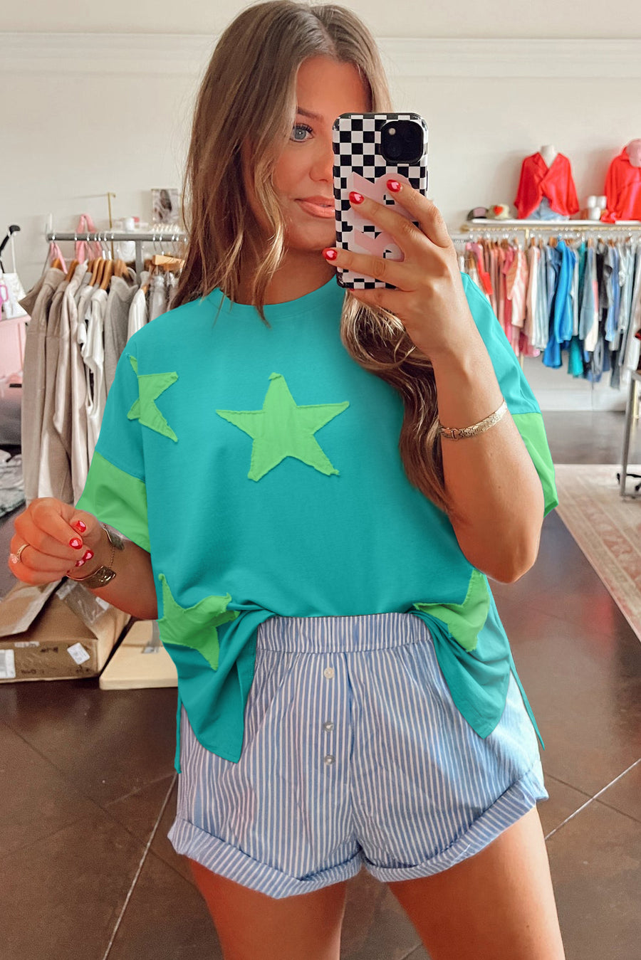 Aruba Blue & Lime Green Frayed Star Patch Oversized T-Shirt
