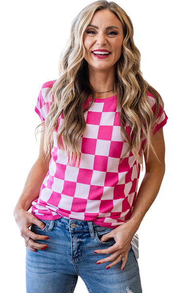 Fuchsia Checkered Pattern Cap Sleeve Knit Top