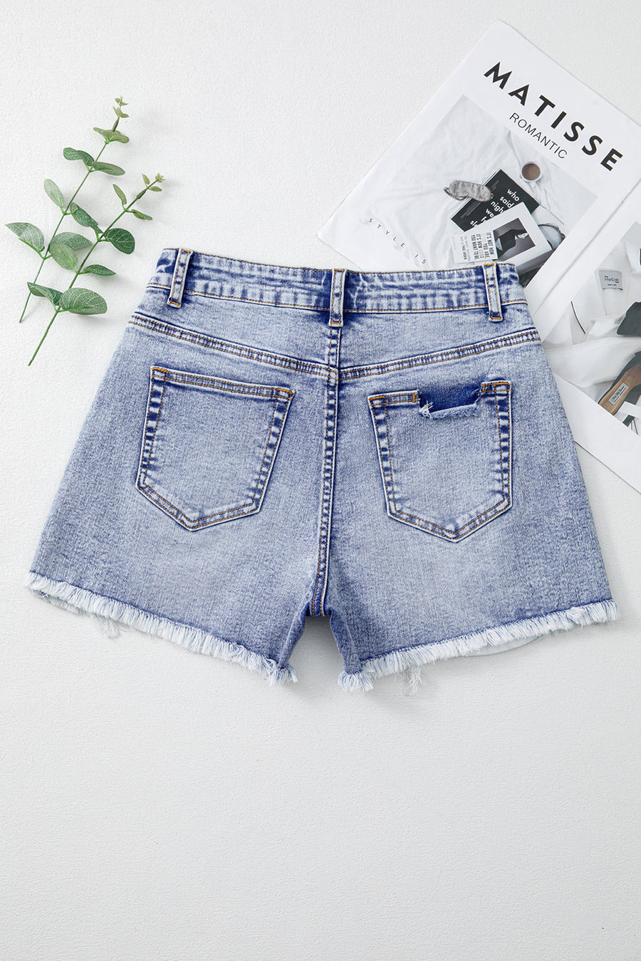 Acid Washed Pearl Studded Pocket Raw Hem Denim Shorts