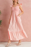 V-Neck Flutter Sleeve Smocked Bodice High Waist Ruffle Maxi Dress with Pockets- 2 Colors