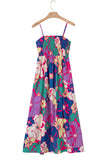 Multicolored Tropical Floral Print Shirred Spaghetti Strap Loose Maxi Dress