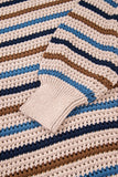 Tan Multi Openwork Striped Knit Drop Shoulder Crew Neck Sweater