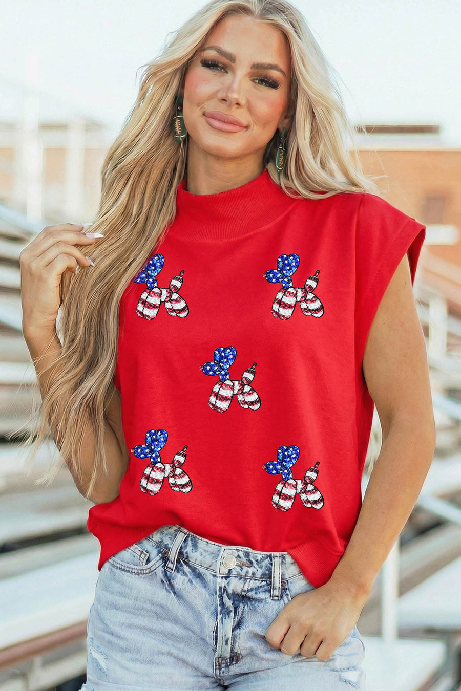 Red Sequin American Flag Balloon Dog Patches Mock Neck Short Sleeve T-Shirt