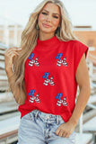 Red Sequin American Flag Balloon Dog Patches Mock Neck Short Sleeve T-Shirt