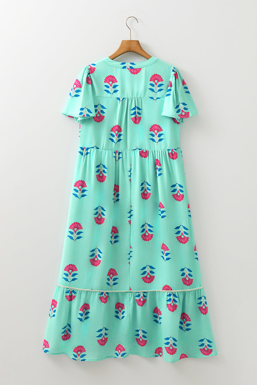 Blue Floral Print Notched Neck Flounce Sleeve Maxi Dress with Pockets- 2 Colors