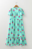 Blue Floral Print Notched Neck Flounce Sleeve Maxi Dress with Pockets- 2 Colors