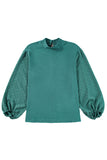 Spearmint Swiss Dot Mock Neck Balloon Sleeve Blouse