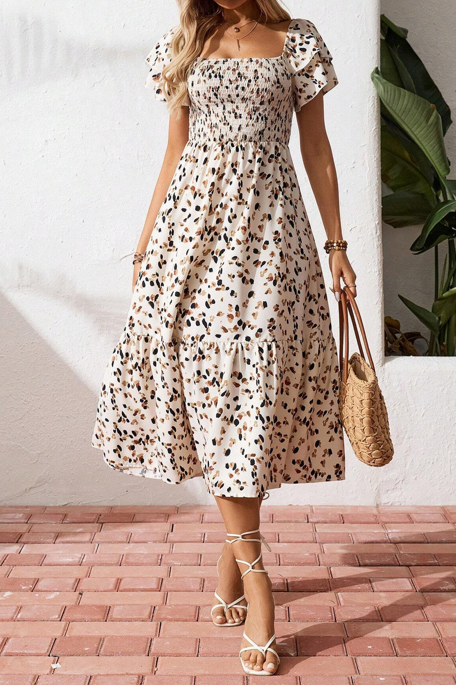Floral Print Smocked Ruffle Sleeves Dress B